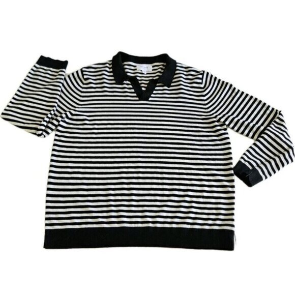 Hudson North Sweater Women XL Black White LS Collar V Neck Stripes Nautical Boho - Picture 10 of 14